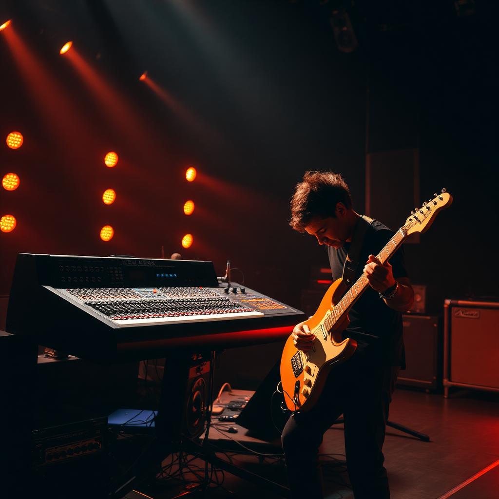 Musician on stage with mixing console
